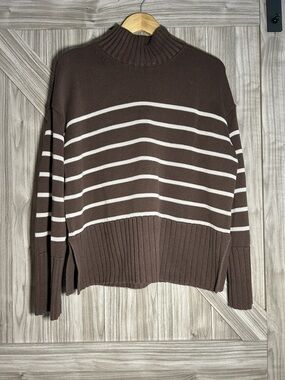 Gap 100% Cotton Oversized Striped Split-Hem Mockneck Sweater Medium Brown White